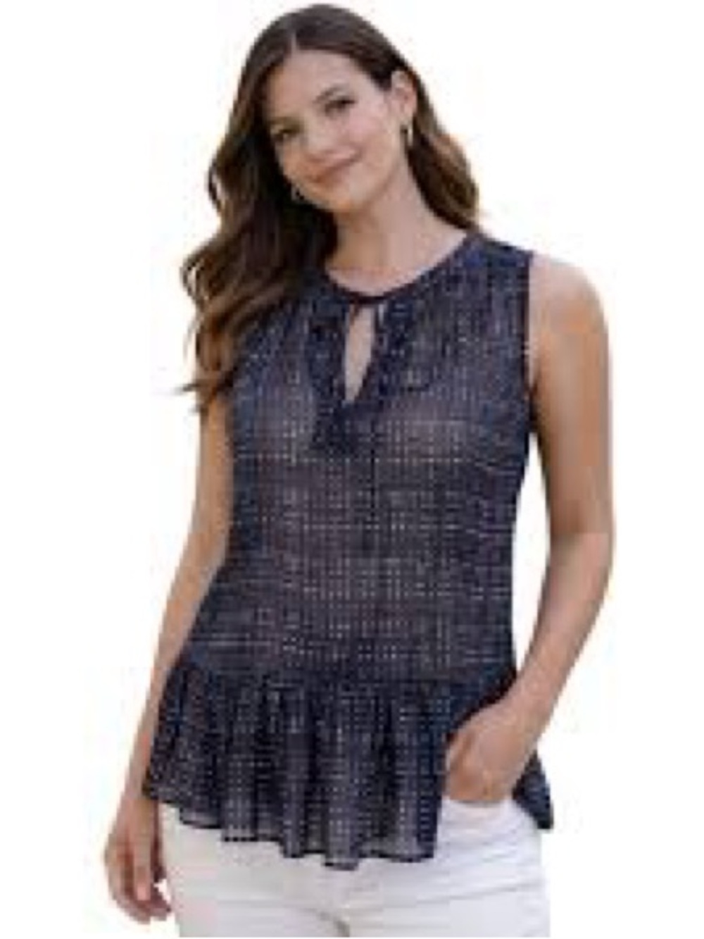 NWT LOFT Navy Sleeveless Peplum Dot-Print Top. Size Small